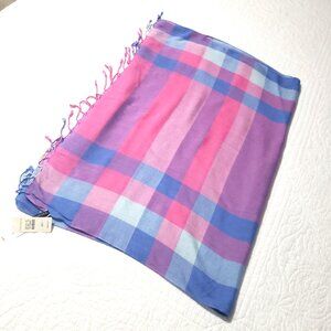 Talbots 100% Viscose Pink Blue Lavender Plaid Large Rectangle Scarf - NWT